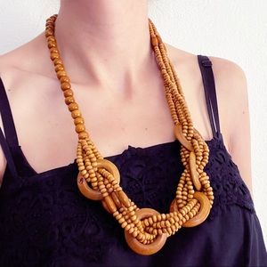 Wooden Bead Necklace Braided Chunky Statement Eclectic Wood
